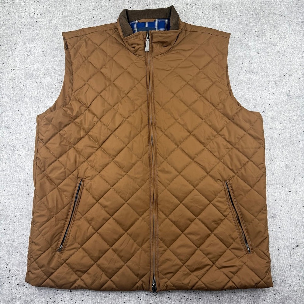 Brooks Brothers Diamond Quilted Cordory Collar Double Zipper Vest Brown Mens XL